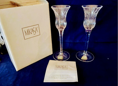 Vintage Mikasa 8” Crystal Icicles Candle Stick Holders Set Of 2 Tulip Shaped-image
