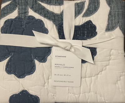 Set of (2) Pottery Barn Mahalo Cotton Applique Quilted STANDARD Shams - Blue NEW-image