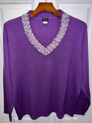 Salon Studio Haband Womens Acrylic LS V Neck Purple Sweater Pearl Neckline XL-image