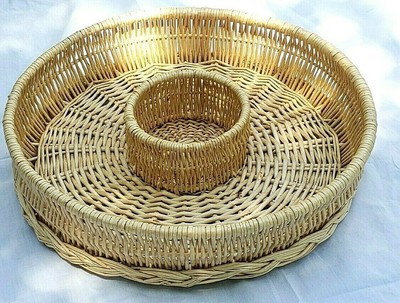 Vintage Woven Wicker Basket Chip Dip Appetizer Serving Tray Rattan Bamboo Round-image