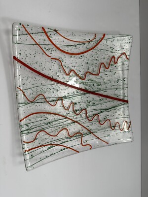 Studio Art Fuse Glass Tray Plate Colorful Abstract Shapes Square Signed Dated-image