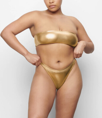 SKIMS METALLIC SWIM DIPPED MID WAIST BOTTOMS. Color :Gold-image