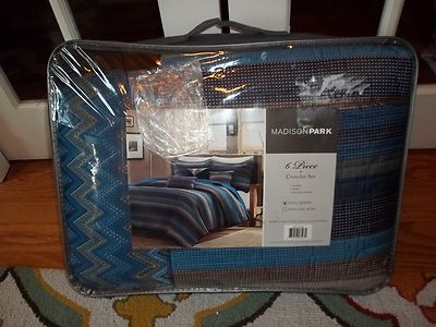 NIP Madison Park Cabrillo Multi Color Striped Full Queen Coverlet Set 6pc-image