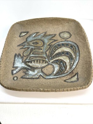 Vtg Studio Art Pottery Square Texture Square Footed Dish Aztec Style Rooster-image