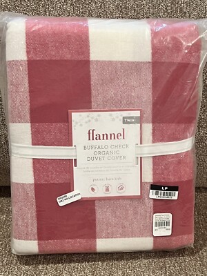 NEW Pottery Barn Kids Flannel Buffalo Check Twin Duvet Cover, Red, Christmas-image