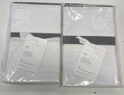 Pair POTTERY BARN MORGAN BANDED 400 TC COTTON KING SHAM NEW Grey  WHITE-image