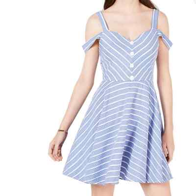 City Studio Women's Blue/White Stripe Cold Shoulder Button Front Dress sz Jr’s 9-image