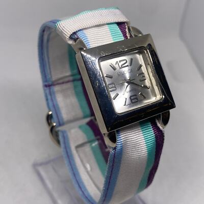 Studio Time Silver-Tone Square Dial Fabric Band Watch Working New Battery-image
