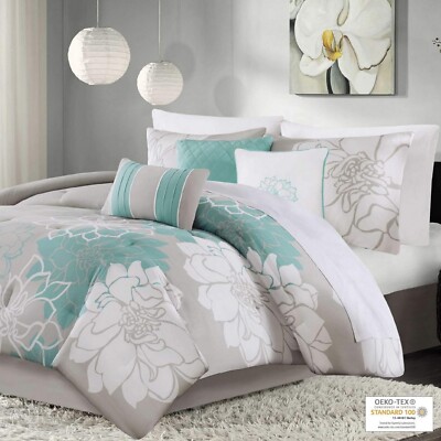 Madison Park Lola Sateen Cotton Comforter Set 7 Pc Set Queen $170 Aqua/Grey-image