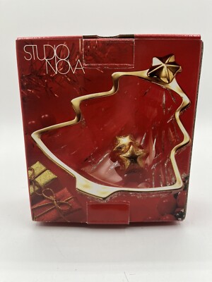 STUDIO NOVA Yuletide Spirit Gold Trim Christmas Tree Shaped Glass Sweet Dish-image