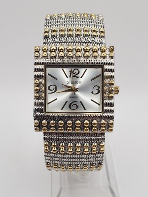 Studio Ladies Fashion Quartz Watch 31mm Square Silver/Gold Tone Cuff Bracelet-image