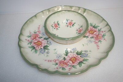 Vintage Hand Decorated Pink Floral Ceramic Chip & Dip Relish Tray & Bowl Set 14