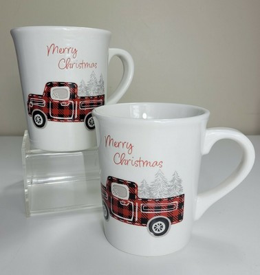 Potter's Studio Set of 2 Holiday Winter Plaid Truck Tree Mugs Merry Christmas-image