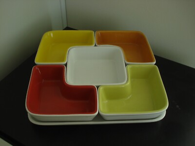 Ceramic Appetizer Serving Platter w/5 sauce/dip individual removable Bowls-image