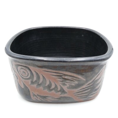 Studio Art Pottery Fish Bowl Square Black Brown 8 in Redware Handmade Signed JH-image