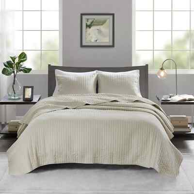 3 Piece Reversible Coverlet Set Full/Queen cream white Quilt Madison Park NWT-image