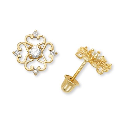 14K Yellow & White Gold Flower Shape Screw back beautiful Earrings for Women-image