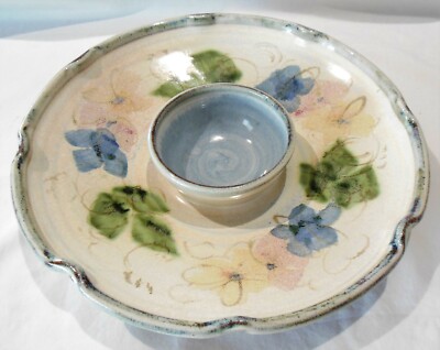 Large 1-Piece Art Pottery Chip N Dip Tray Blue & Green Signed Mary Classen-image