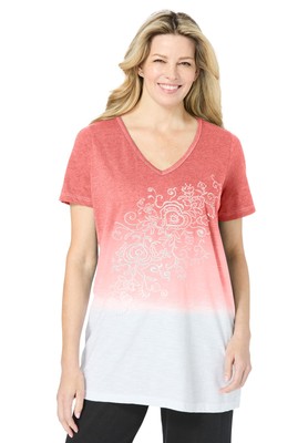 Woman Within Women's Plus Size Short-Sleeve V-Neck Embroidered Dip Dye Tunic-image