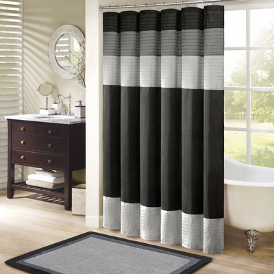 Madison Park Amherst Bathroom Shower Curtain Faux Silk Pieced Striped Modern-image