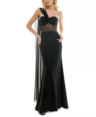 City Studio Juniors Illusion-Bodice Gown With Flyaway Cape Black Size 15/16 $129-image