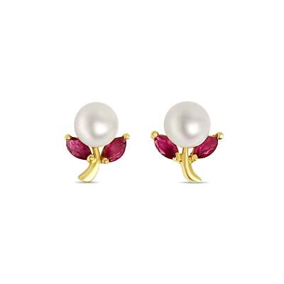 Pearl & Ruby Floral Shaped Studs 14k Yellow Gold-image