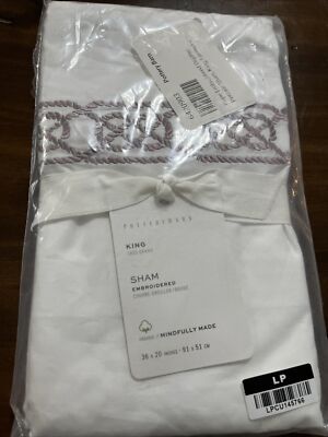 Pottery Barn Rope Embroidered￼ King Sham White & Lavender ￼ One New NWT-image