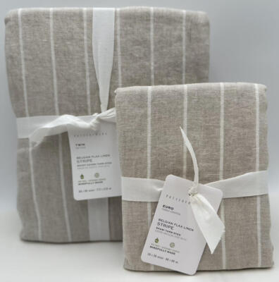 Pottery Barn Belgian Flax Linen Striped TWIN Duvet Cover & EURO Sham Flax White-image