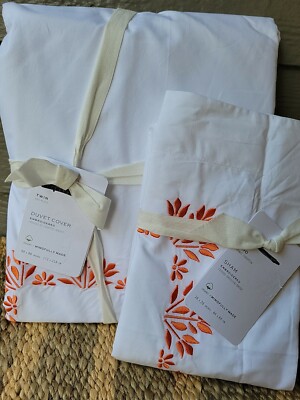 Pottery Barn Blossom Embroidered Organic Percale Twin Duvet & Euro Sham Orange  -image