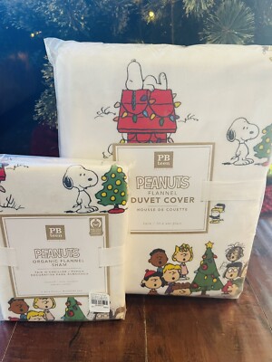 Pottery Barn Peanuts Snoopy Christmas Twin Duvet Sham Set Rare HTF New Teen-image