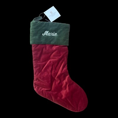 Pottery Barn Medium Velvet Stocking Red w/ Green Cuff MARIE Monogram XMAS NWT-image