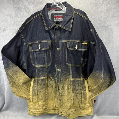 FUBU Jean Jacket Adult XXL Blue Yellow Dip Dye Denim Button Ltd Edition Spellout-image