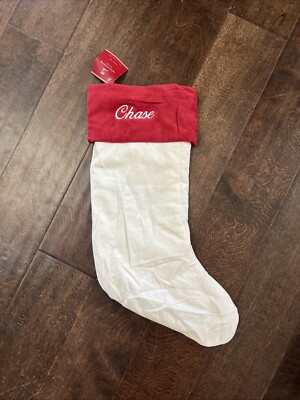 NWT Pottery Barn Classic Medium Red Ivory Velvet Christmas Stocking Mono Chase-image