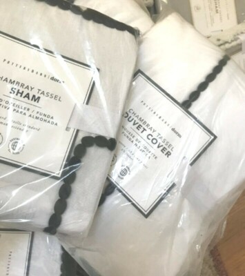 Pottery Barn Chambray Tassel Duvet Cover White Black Twin Teen New🦩-image