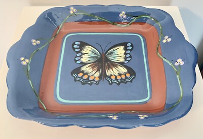 Fabulous Handmade ELLEN REZNICK Pottery Butterfly Design Platter 14”W x 11.5D-image