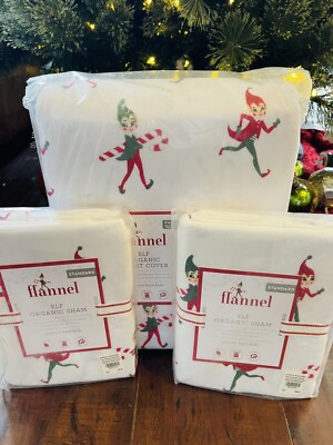 Pottery Barn Kids Elf  Flannel Cotton FULL QUEEN DUVET 2 Shams Christmas Bedding-image