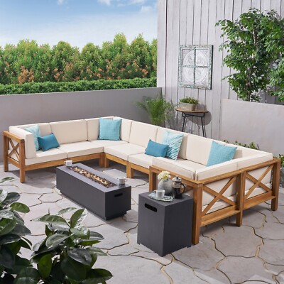 Muriel Outdoor Farmhouse Acacia Wood 8 Seater U-Shaped Sectional Sofa Set with F-image