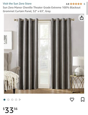 SUN ZERO Manor SMOKE GREY Chenille Theater Grade 100% Blackout 1 curtain panel-image