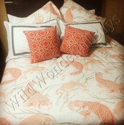 Pottery Barn Koi Fish Duvet Cover Salmon Queen 2 Euro Shams Asian 3pc Rare🦩-image