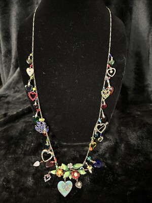 Vintage GLASS WORKS STUDIO Necklace Brass/Glass Hearts Colorful 38