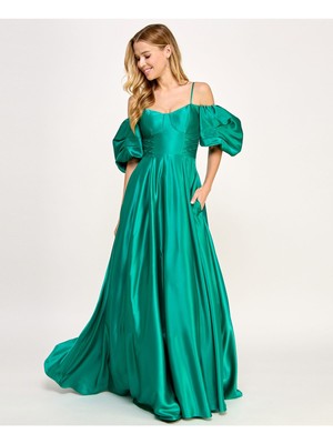 CITY STUDIO Womens Green Satin Soft Cup Poof Sleeve Pleat Dress Juniors 78-image