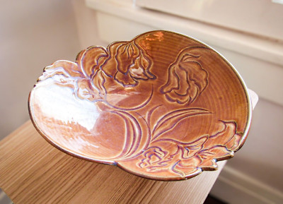 Gorgeous Large Studio Pottery Bowl- Signed- Flower Shaped- Brown Incised-image