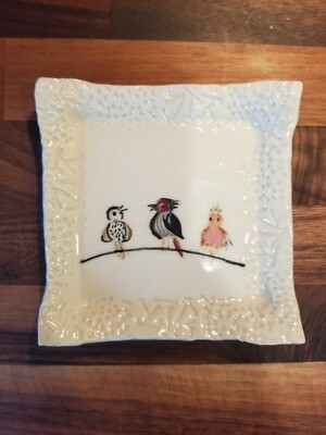 Handmade Studio Pottery Dipping Dish, Trinket Dish, Soap Dish Hand Painted Birds-image