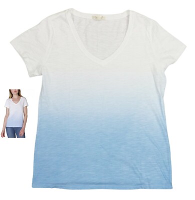 Ultra Flirt Dip Dyed V-Neck Short Sleeve Juniors T-Shirt Top L NWT Blue/White-image