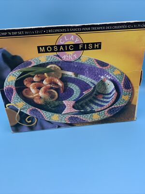 Vintage Clay Art 1995 Mosaic Fish Hand Painted Chip & Dip Set.-image
