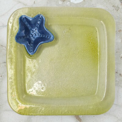 Iridescent Blue Starfish Yellow Glass Chip & Dip 12½