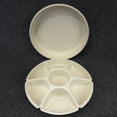 Tupperware #1665 Veggie Snack Relish Divided Serving Tray Almond Base and Lid-image