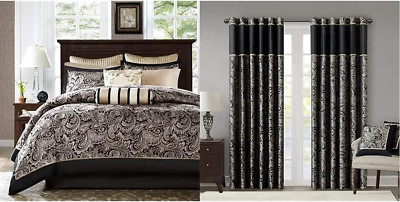 Aubrey King Size Bed Comforter Set Bed in a Bag - 12 Pieces Bedding Sets & Black-image