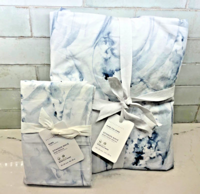 Pottery Barn Stinson Wave King Duvet Cover & 1 Euro Sham blue/white NEW!!-image