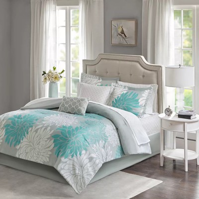 9pc Full Calla Comforter and Cotton Sheet Set Aqua: Madison Park, Embroidered,-image